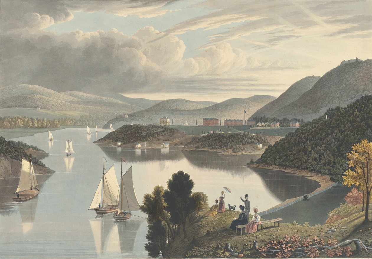 West Point, ovenfra Washington Valley: Looking down the River, publisert 1834. av William James Bennett