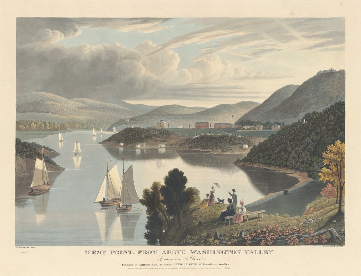 West Point, ovenfra Washington Valley: Ser nedover elven av William James Bennett after George Cooke