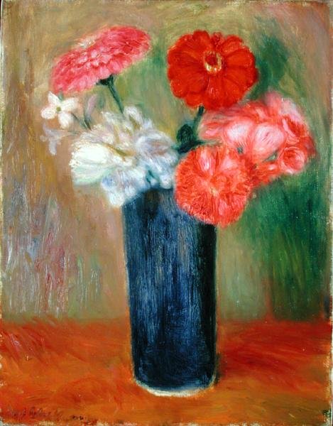 Blomster i en blå vase (olje på lerret) av William James Glackens