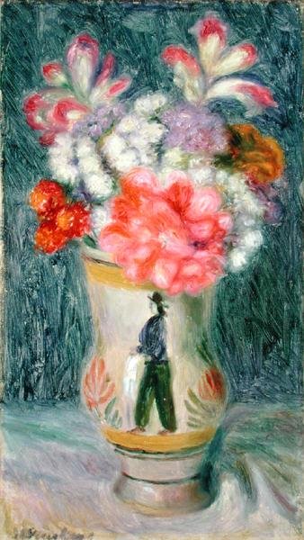 Blomster i en Quimper vase (olje på lerret) av William James Glackens