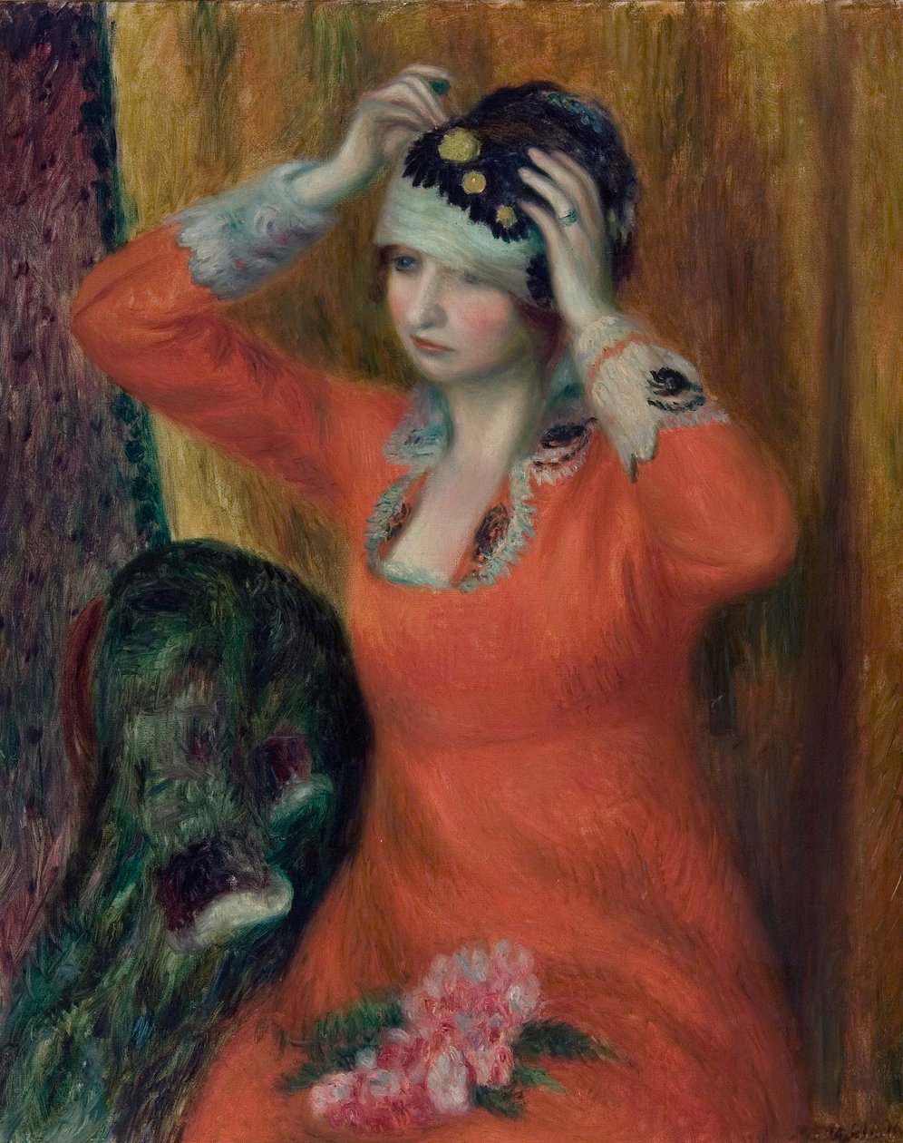 Jente i rød kjole fester seg på hatten av William James Glackens