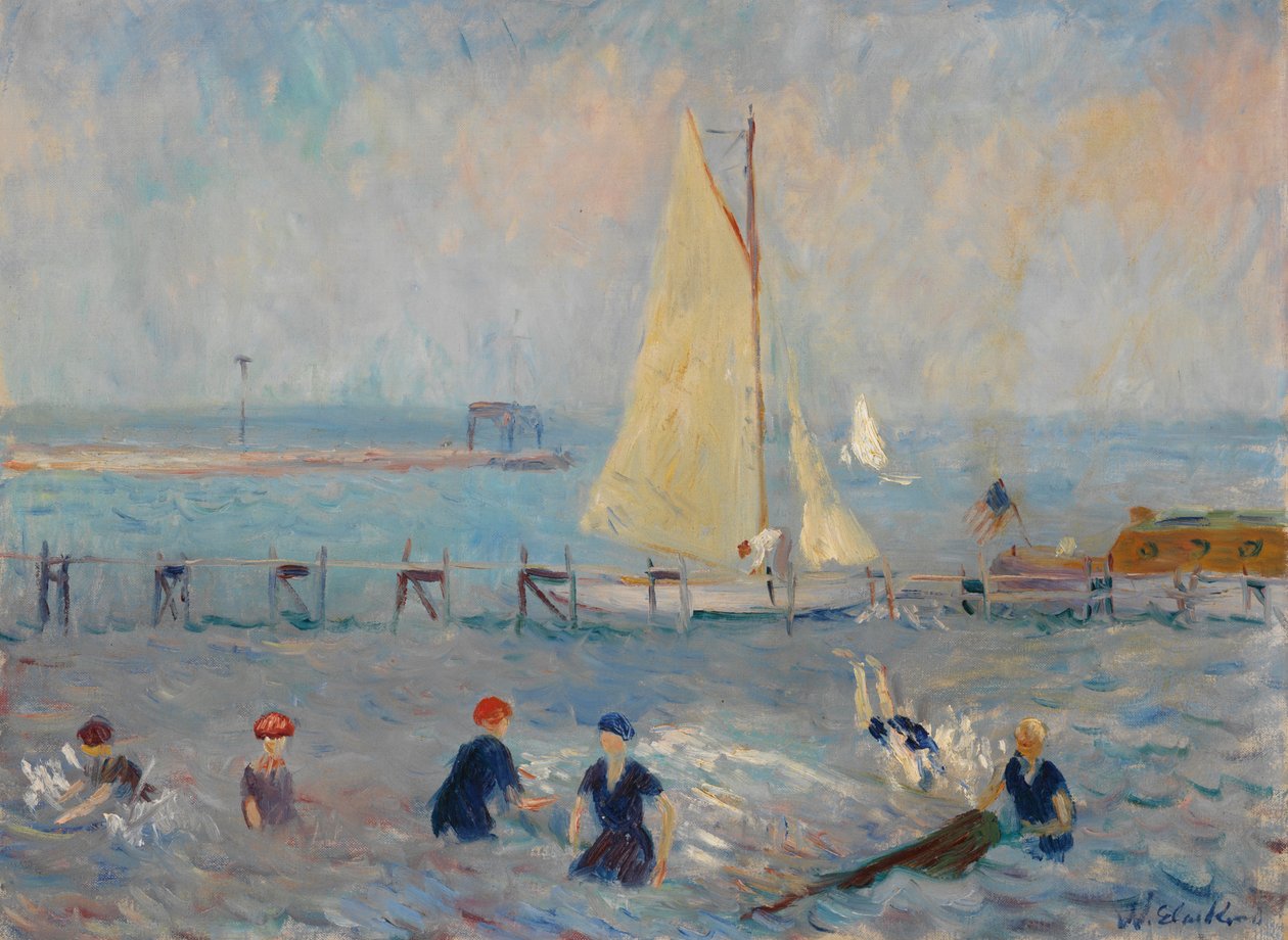 Havlandskap med seks badende, Bellport av William James Glackens