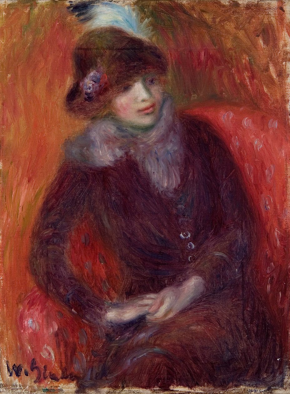 Sittende kvinne med pelshals og rød bakgrunn av William James Glackens