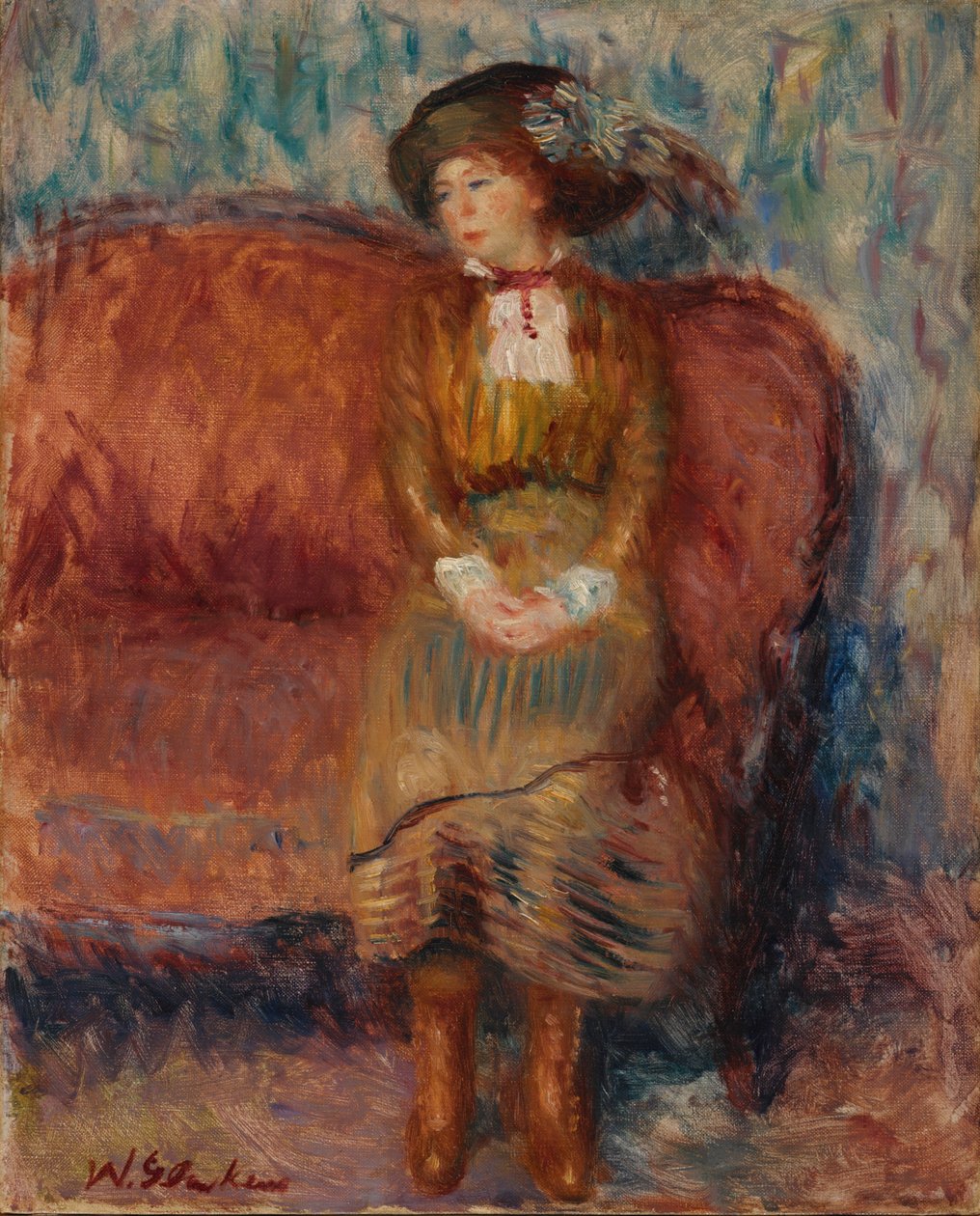 Kvinne sitter på rød sofa av William James Glackens