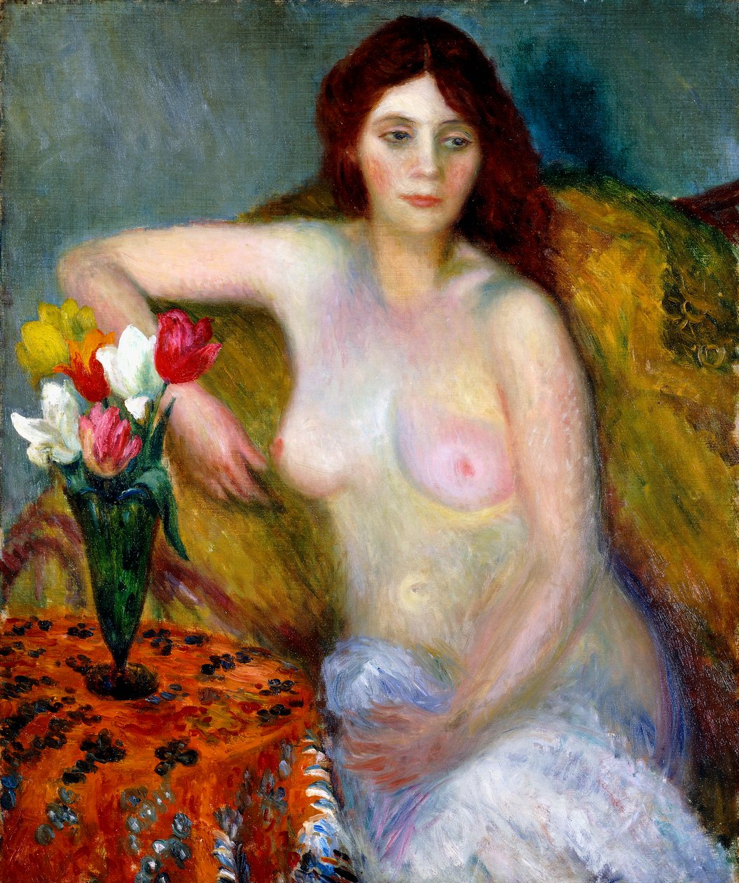 naken med tulipaner av William James Glackens