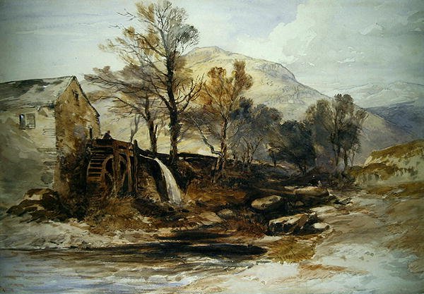 En vannmølle i Nord-Wales (akvarell på papir) av William James Muller