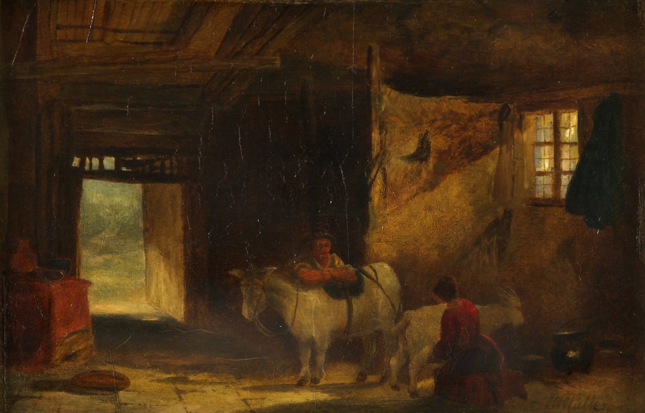 Et walisisk interiør med jente som melker en geit (olje på panel) av William James Muller