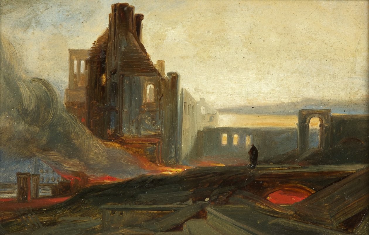 Bristol Riots: Ruins of Warehouses in Prince Street, ca. 1831 (olje på papir) av William James Muller