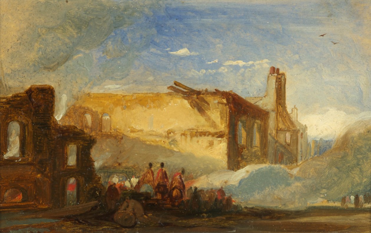 Bristol Riots: Ruins of Warehouses in Prince Street, with Mounted Troops, ca. 1831 (olje på papir) av William James Muller