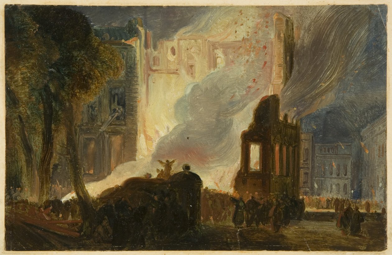 Bristol Riots: The Burning of the Mansion House, Queen Square, ca. 1831 (olje på papir) av William James Muller