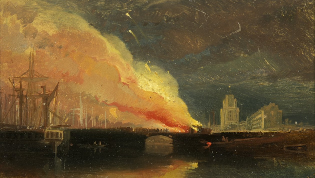 Bristol Riots: The Burning of the Toll-Houses on Prince Street Bridge med St Mary Redcliffe av William James Muller