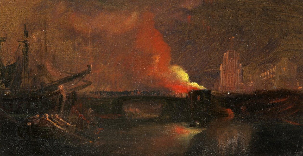 Bristol Riots: The Burning of the Toll-Houses on Prince Street Bridge with St Mary Redcliffe, ca. 1831 (olje på papir) av William James Muller