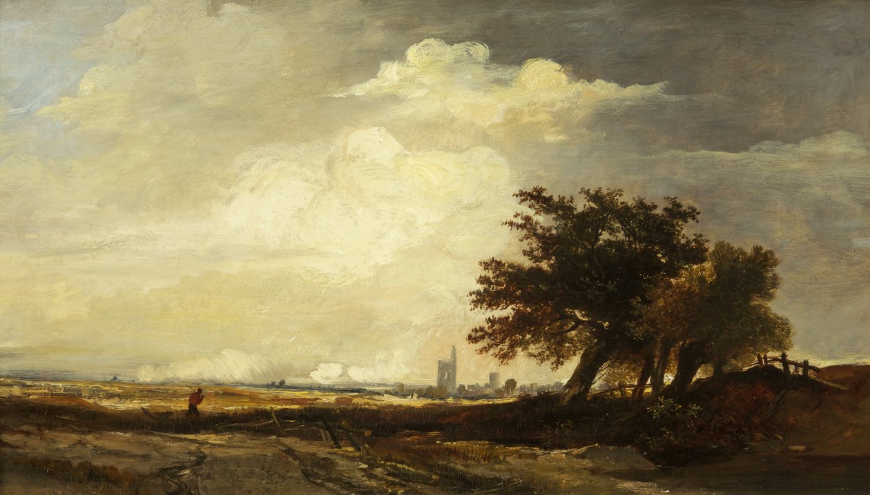 Landskap med kirke, ca. 1839 (olje på panel) av William James Muller