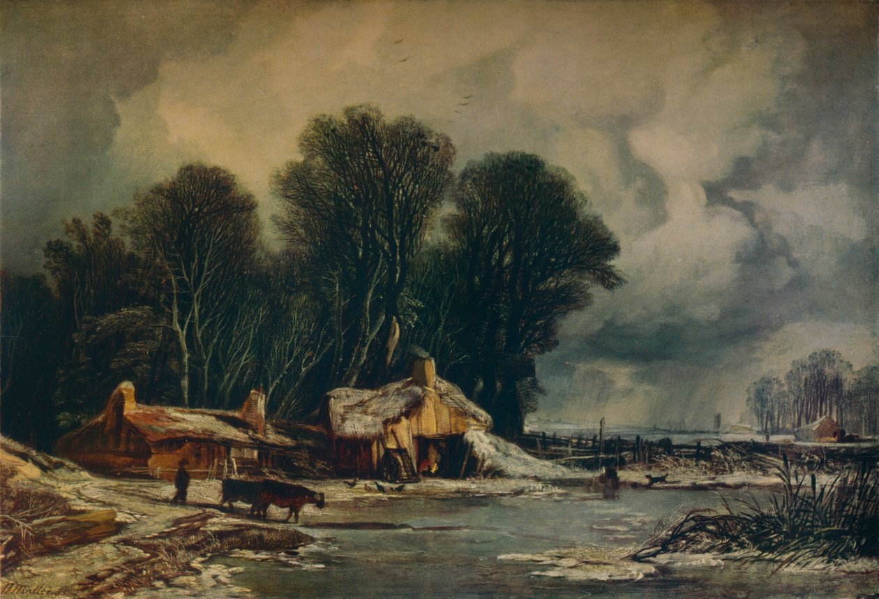 Landskap med gamle hytter: Vinter, 1833 av William James Muller