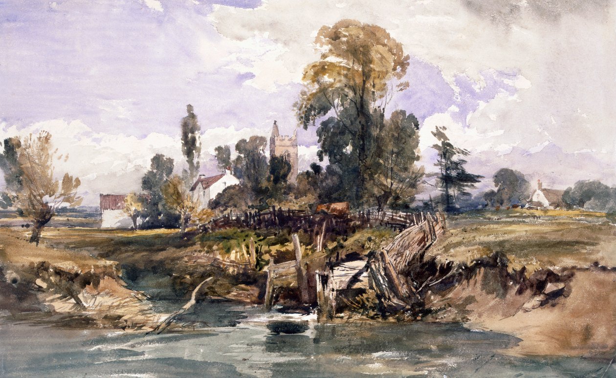 Landskap med en kirke og et hus av William James Muller