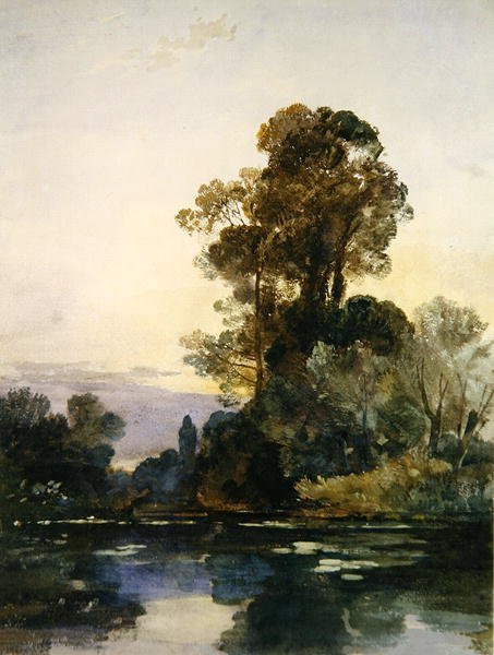 Høye trær ved en innsjø (akvarell og kroppsfarge på papir) av William James Muller