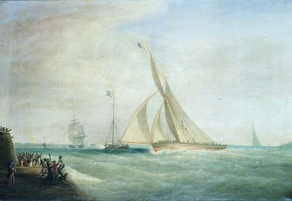 HMS-'Coquette'-og-'Falcon'-med-Lord-Yarborough-om-bord-og-den kongelige-yacht-med-kong-William-om-bord-utenfor-Isle-of-Wight, -c.1830-37 av William John Huggins