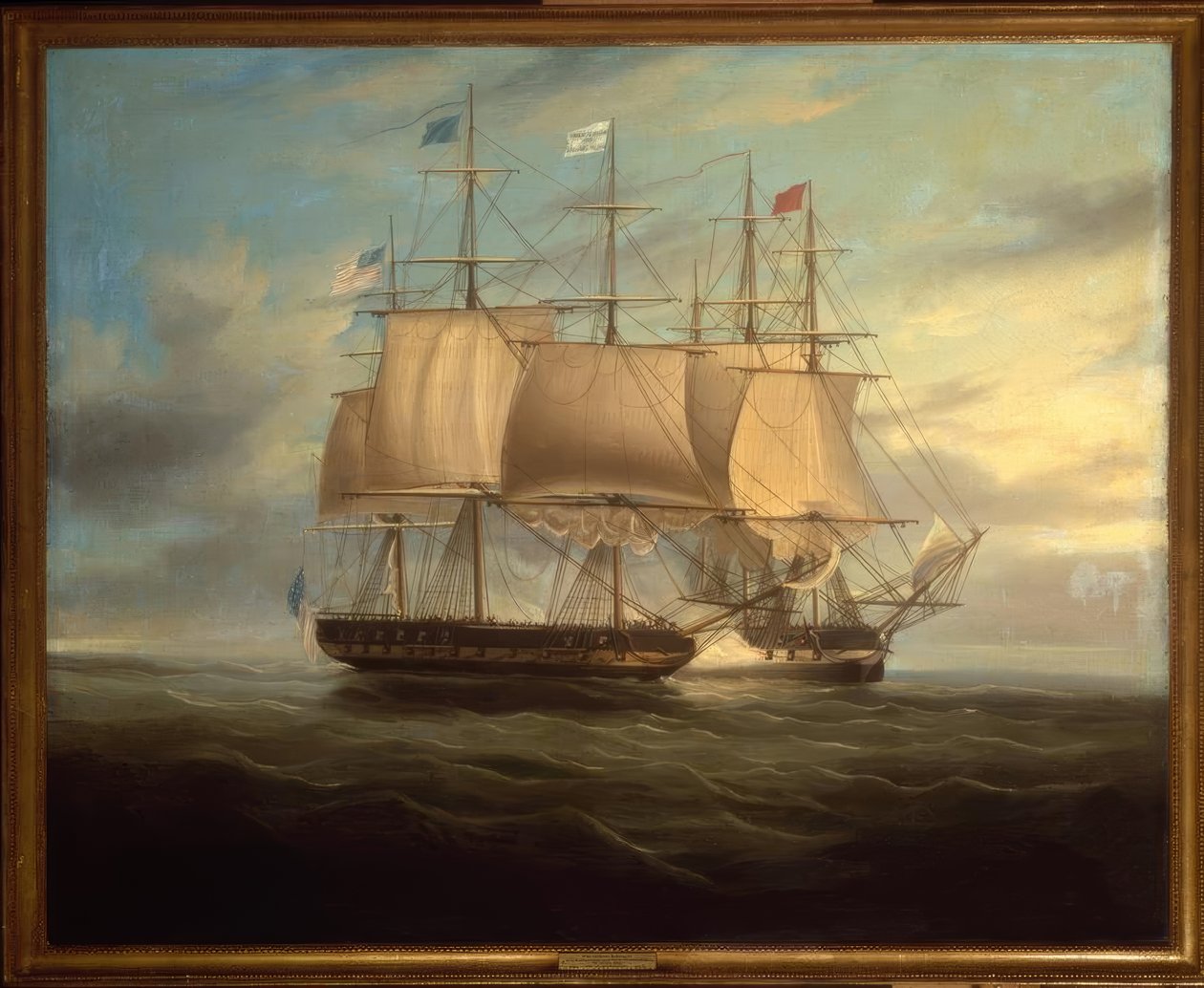Shannon og Chesapeake i hånd-til-hånd kamp, ​​1813 / Gem. W.J. Huggins av William John Huggins