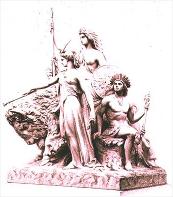 Amerika, gravert av kunstneren fra marmorgruppen av John Bell (1811-95) ved The Albert Memorial, Hyde Park, pub. av Virtue and Company (gravering) av William John Roffe