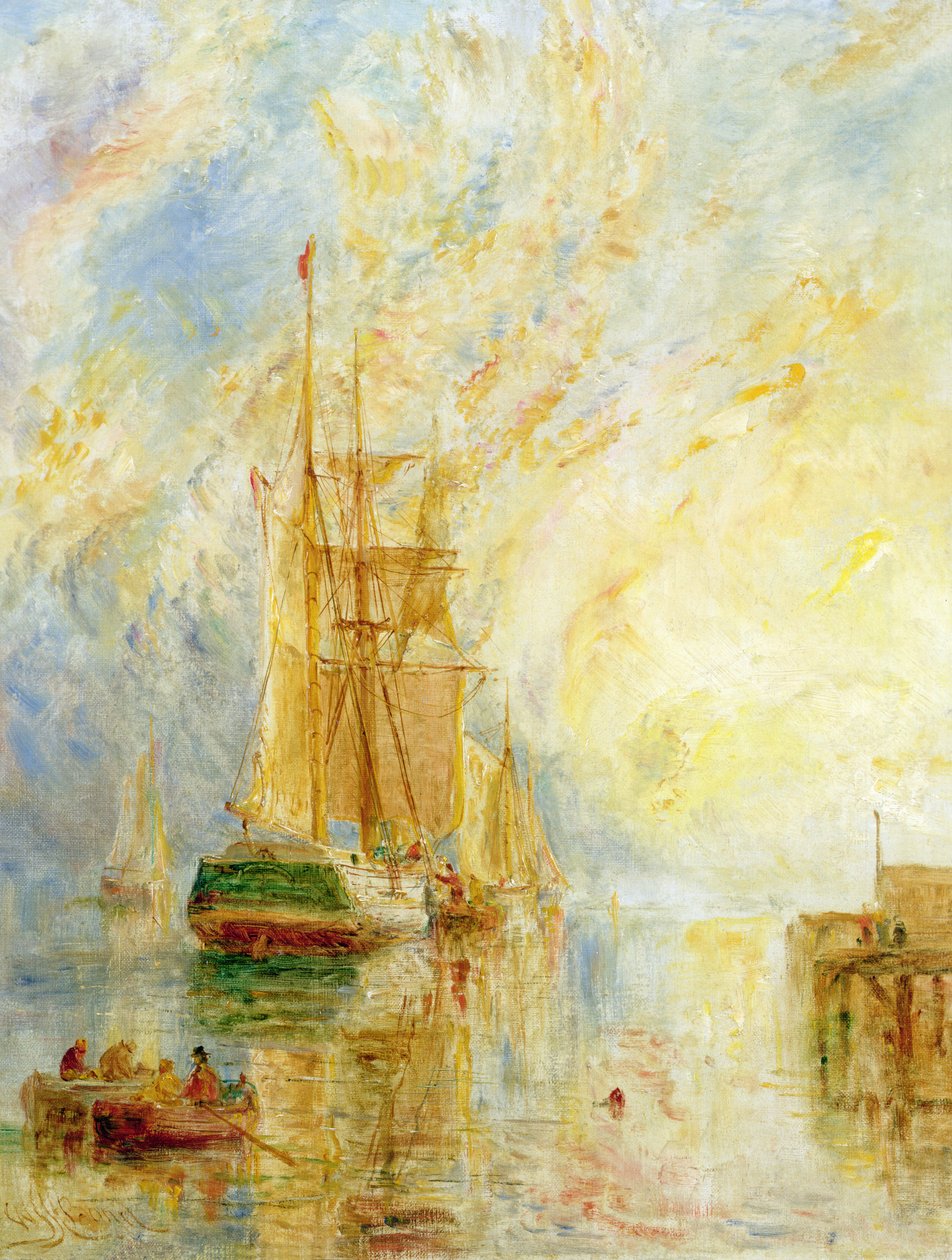 Båt i Harbour, Sunset (olje på lerret) av William Joseph J.C. Bond