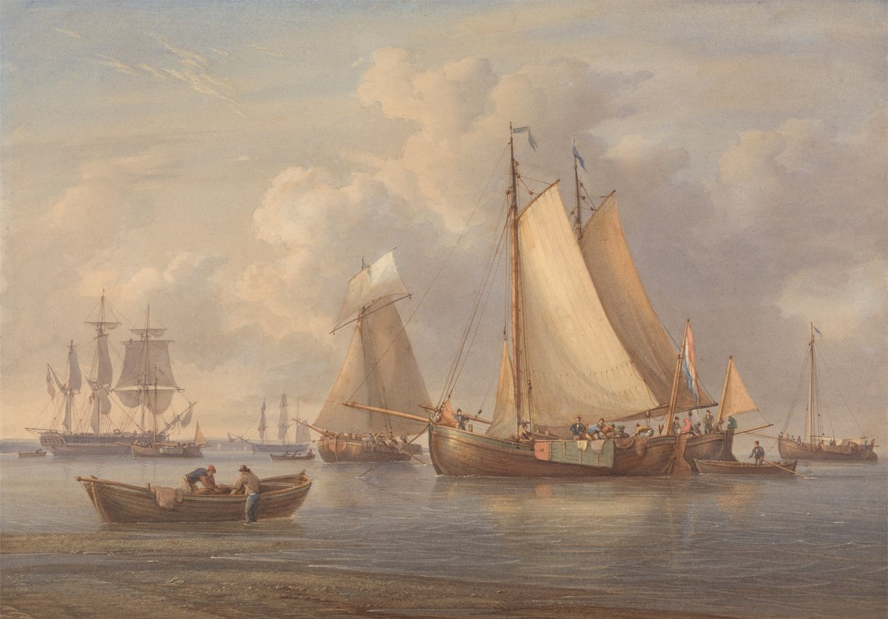 Hollandske fiskebåter for anker i en elvemunning av William Joy