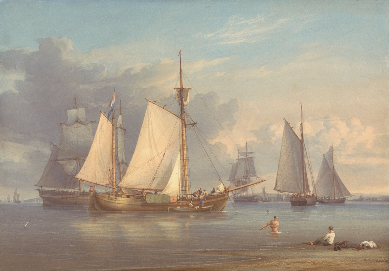Hollandske fiskebåter for anker i en elvemunning av William Joy