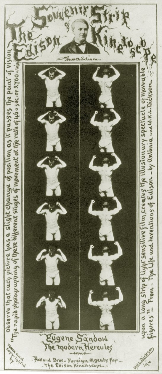 Suvenirstripen til Edison Kinetoscope Eugene Sandow, den moderne Hercules, c.1894 bw foto av William Kennedy Laurie Dickson