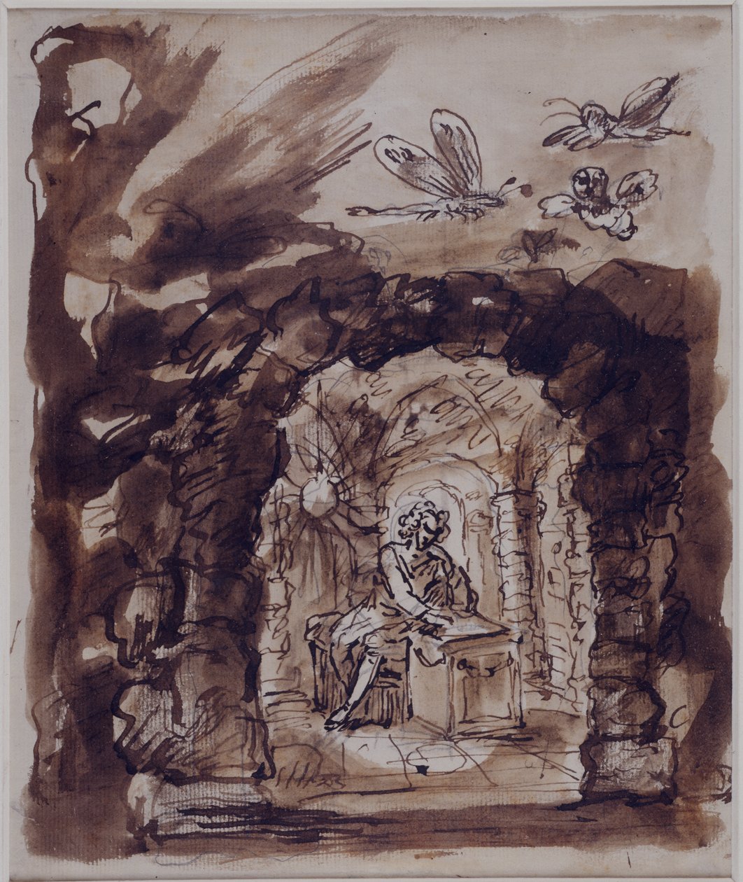 Alexander Pope i grotten hans, ca. 1730 (Penn og blekk med brun vask over blyant på papir) av William Kent