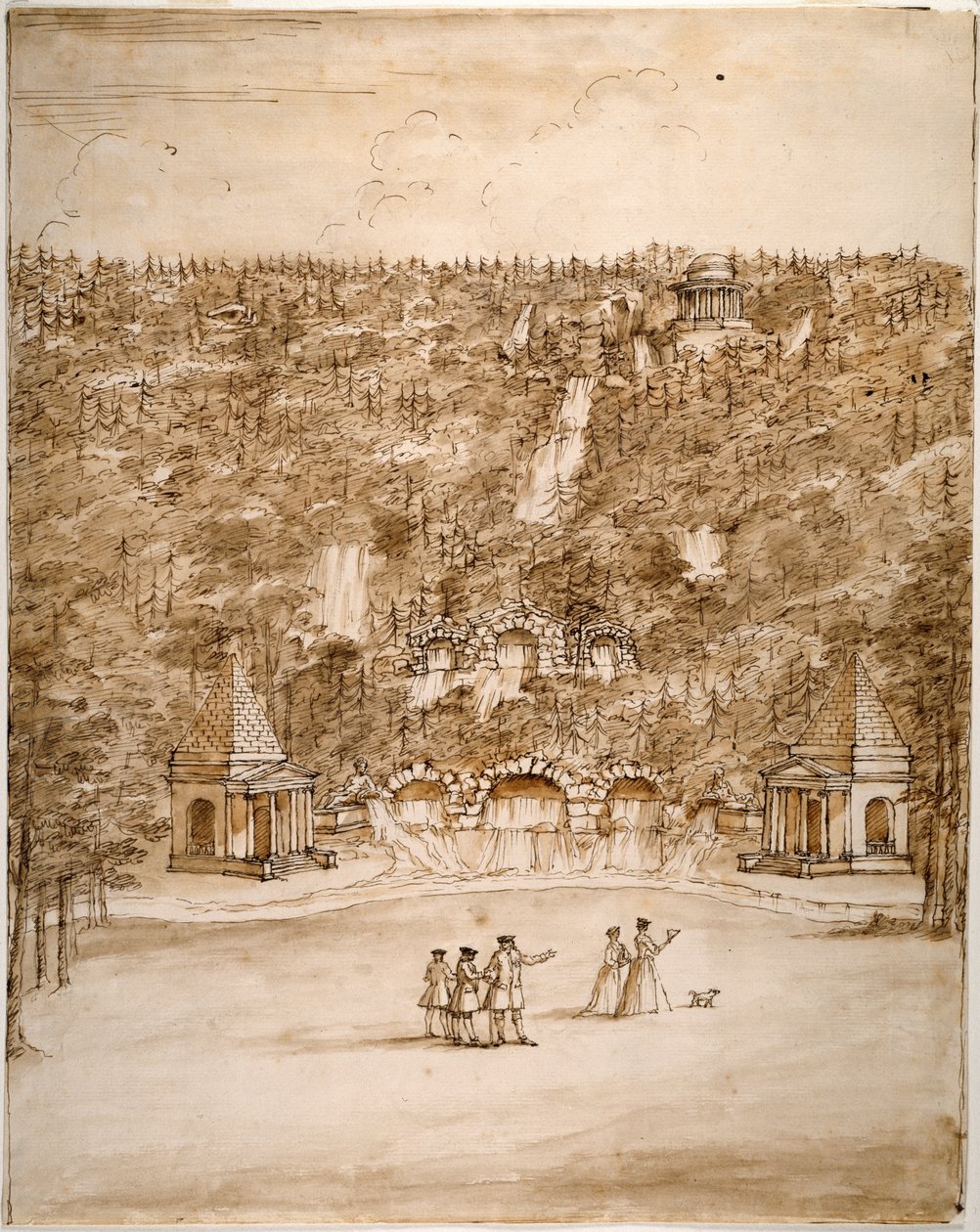 Chatsworth: design for en Cascade, tidlig på 1740-tallet (Penn og brunt blekk med brun vask over blyant på papir) av William Kent