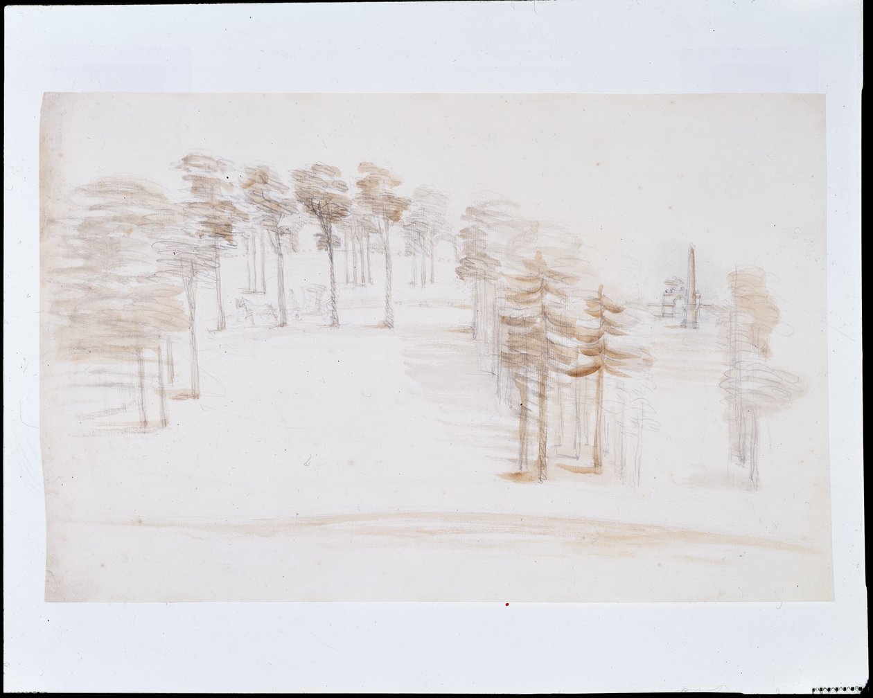Chiswick, utsikt fra et forhøyet punkt over Orange Tree Garden Temple (blyant og vask på papir) av William Kent