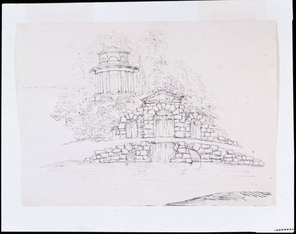 Chiswick, design for en steinord-kaskade med et åttekantet dorisk tempel på terrassen bak (penn og blekk over blyant på papir) av William Kent