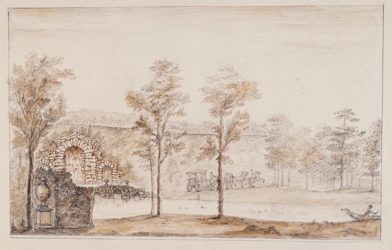 Chiswick, design for en rustikk kaskade og bro satt mot terrassen (penn og blekk og vask over blyant på papir) av William Kent