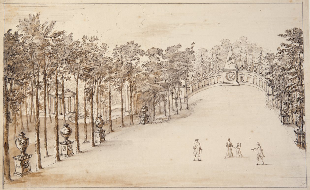 Chiswick, første design for Exedra (penn og blekk og vask på papir) av William Kent