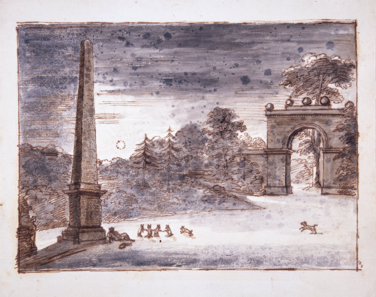 Chiswick, Burlington Lane Gate og Obelisken i måneskinnet med Kent som sitter ved Obelisken og drømmer, og med kaniner i lek, ca. 1732 (penn og blekk og vask på papir) av William Kent