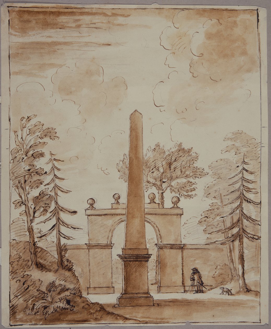 Chiswick, utsikt over Burlington Lane Gate, Obelisken i forgrunnen og Kent med hund (penn og blekk og vask på papir) av William Kent