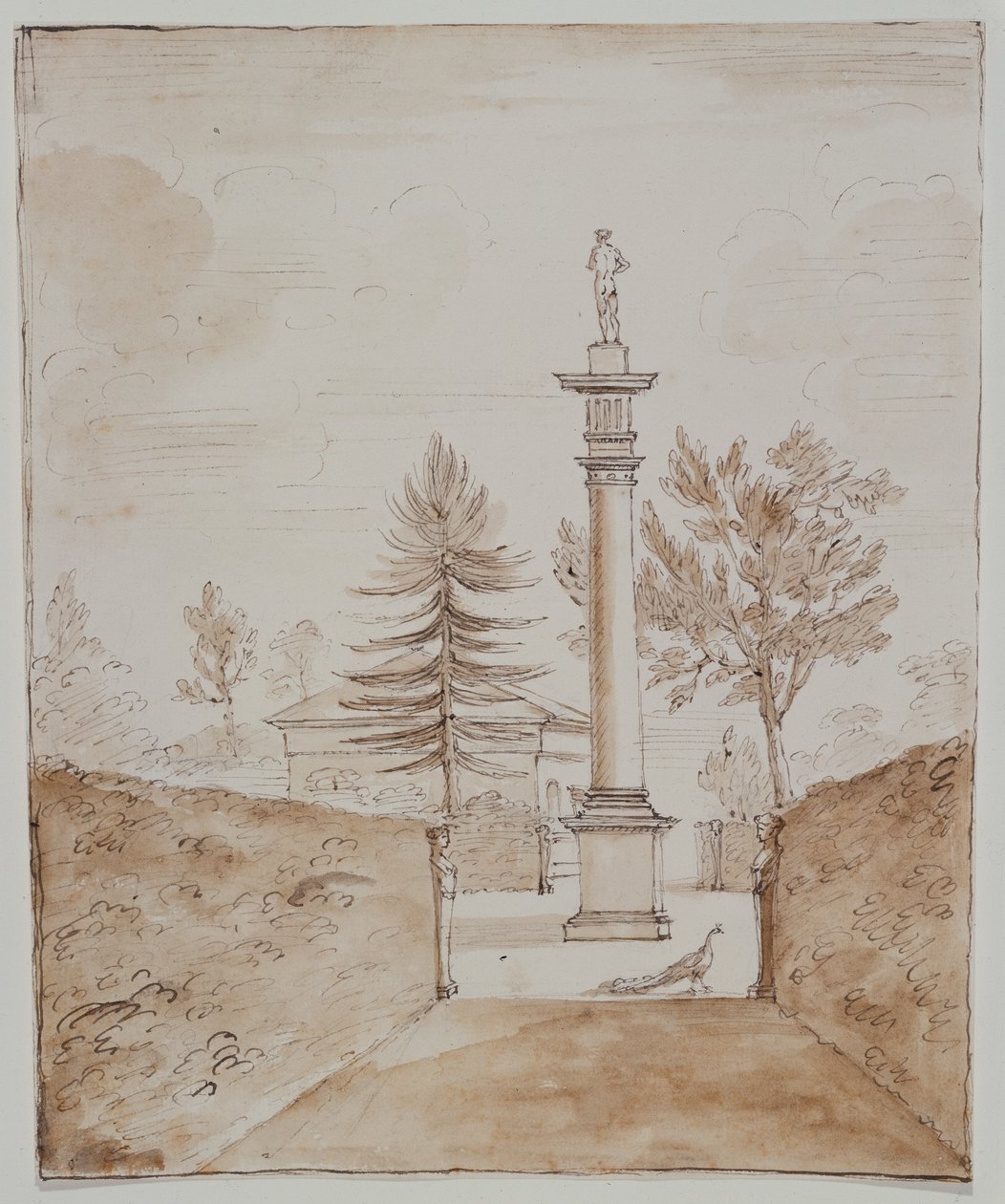 Chiswick, utsikt over den doriske søylen med Venus de Medici-statuen, og et glimt av siden av hjortehuset (penn og blekk på papir) av William Kent