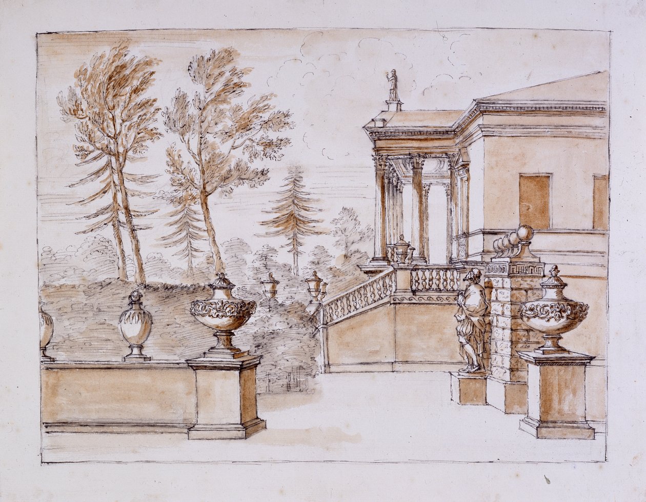 Chiswick, utsikt over villaen på Inigo Jones-statuesiden (penn og blekk og vask over blyant på papir) av William Kent