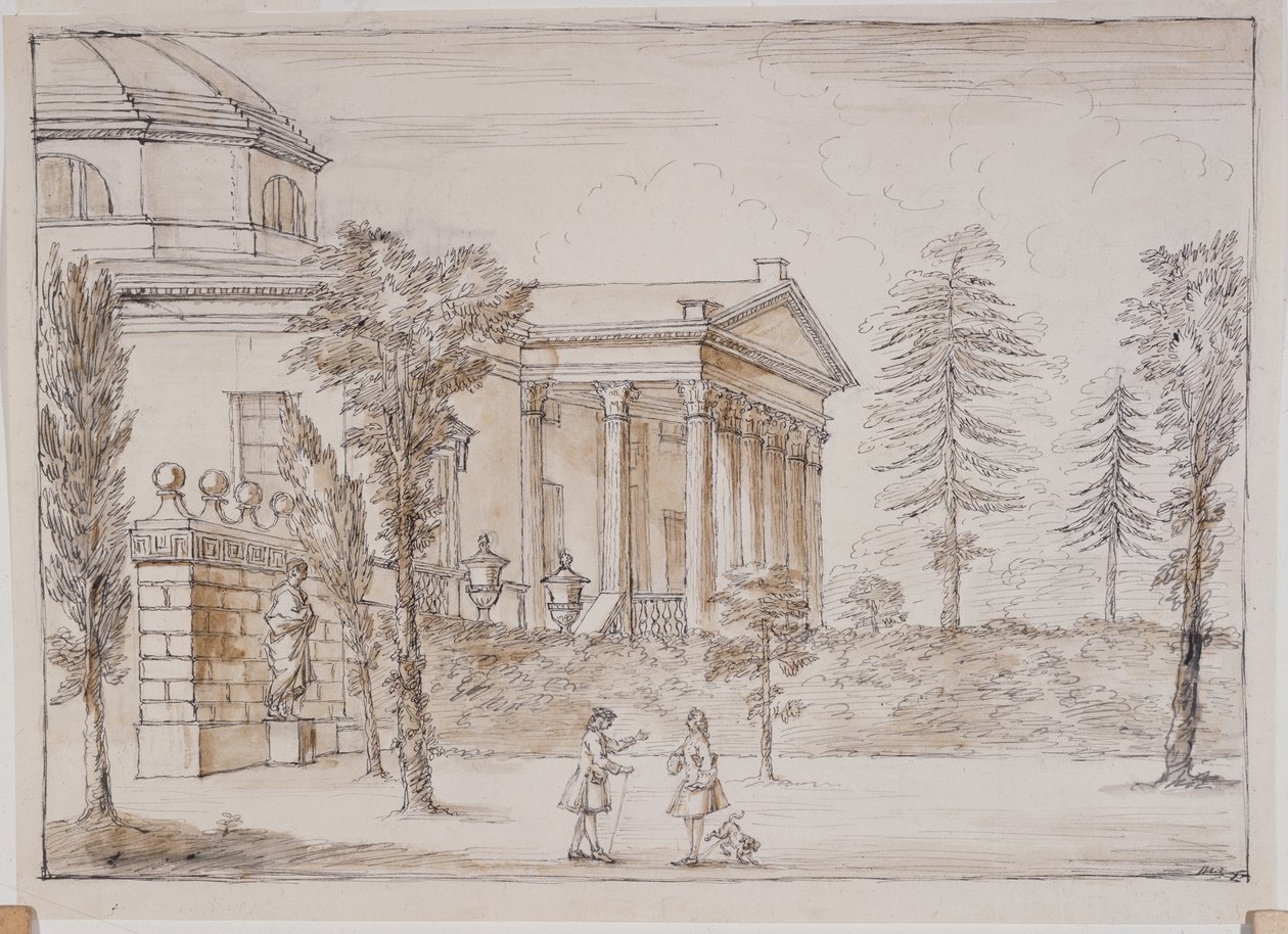 Chiswick, utsikt over villaen fra Palladio-statuens side (penn og blekk og vask over blyant på papir) av William Kent