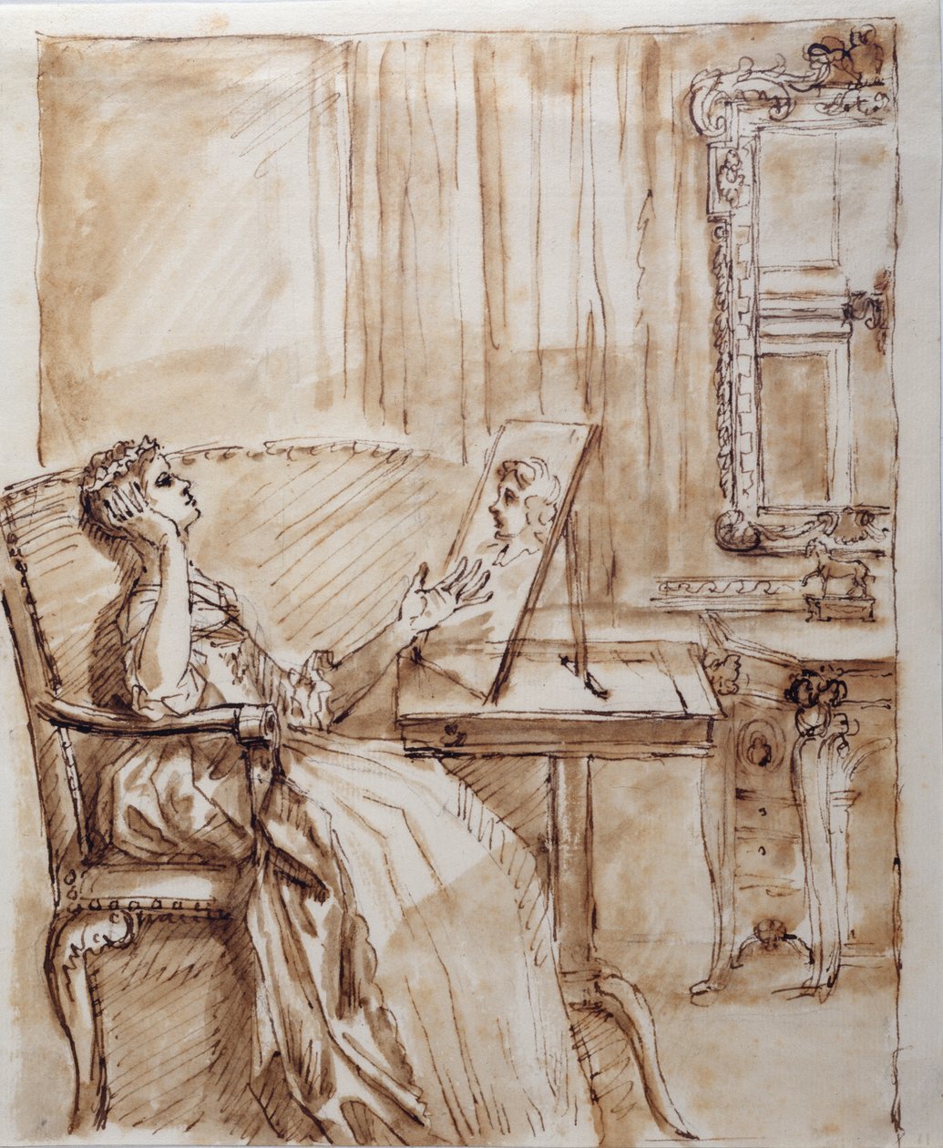 Lady Burlington sitter i hagerommet sitt og beundrer en gammel mester (?) tegning (penn og blekk på papir) av William Kent