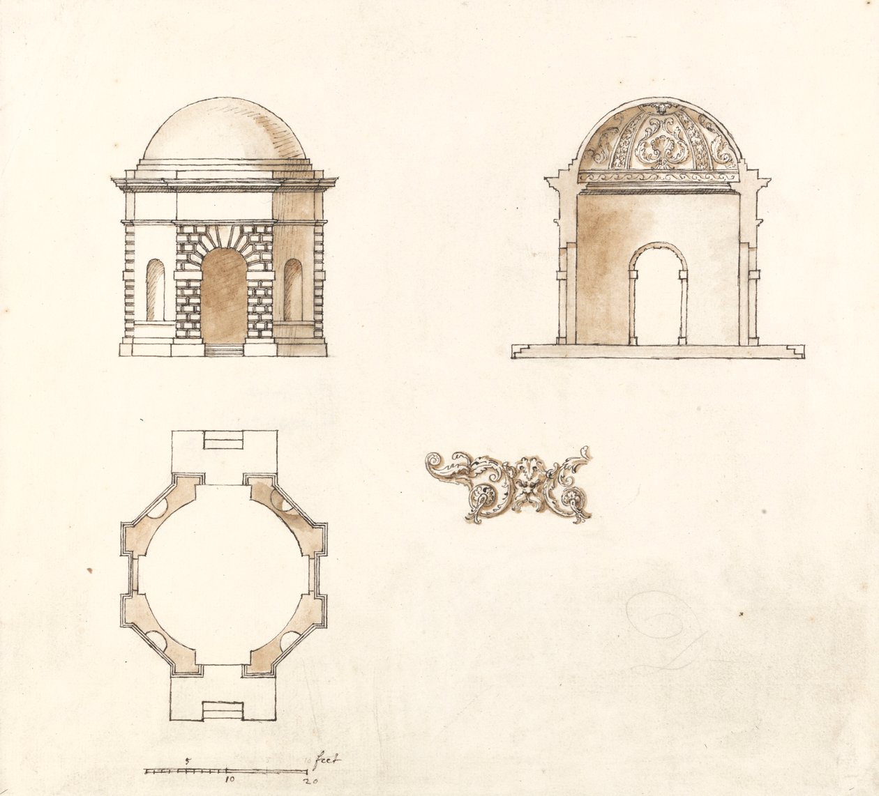 Åttekantet tempel ved Shotover Park, Oxfordshire: Plan, snitt og høyde av William Kent
