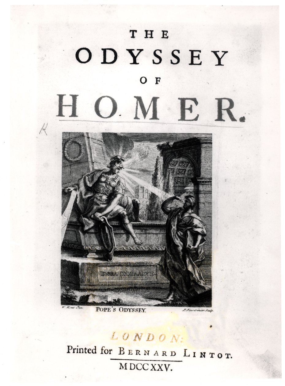 Tittelside for 'The Odyssey' av Homer, gravert av Pierre Fourdrinier (fl.1720-60) av William Kent