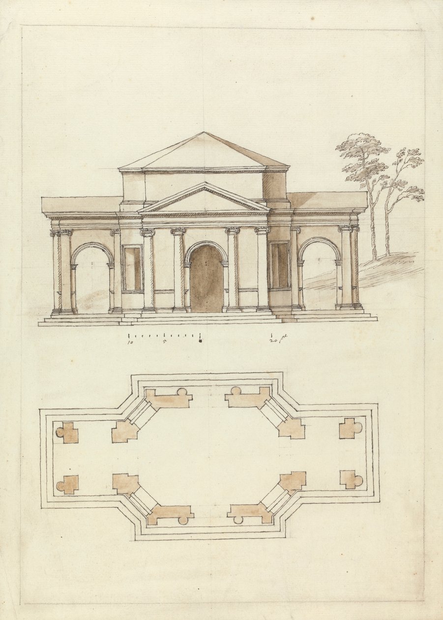 Townsend's Building i Rousham, Oxfordshire: Elevasjon og plan av William Kent
