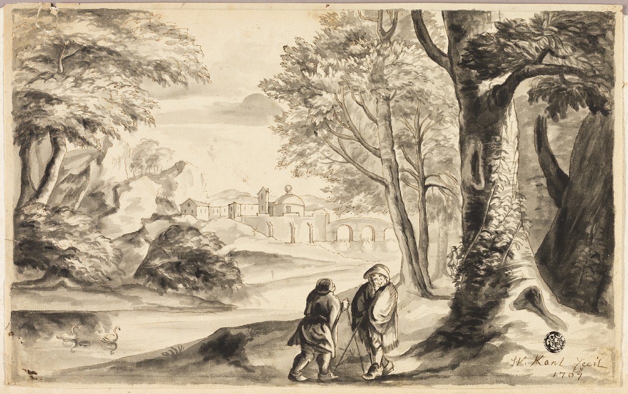 To reisende under treet med landsby og bro i avstand av William Kent
