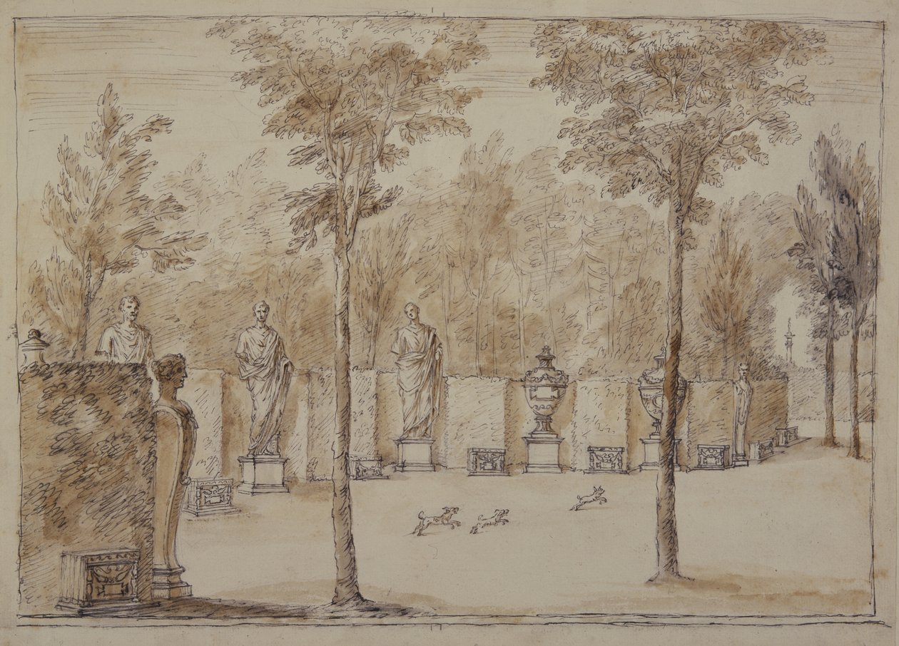 Utsikt inn i Exedra ved Chiswick (penn og blekk med brun vask på papir) av William Kent
