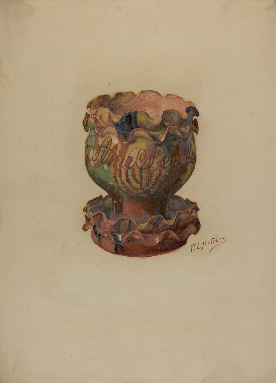 Pa. Tysk blomsterpotte og brett, ca. 1936. av William L Antrim