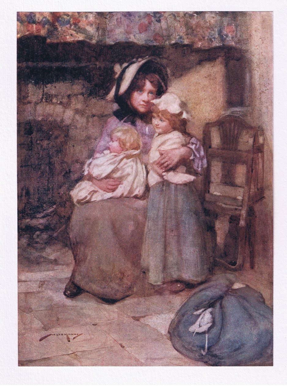 Og kysset de ubetenksomme ungene hennes med mange tårer, og klappet dem inntil, i sorg dobbelt kjær (farge litho) av William Lee Hankey