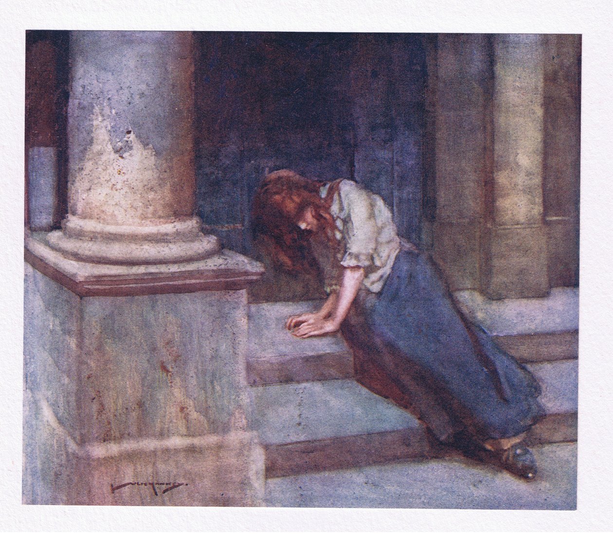 Og, klemt av kulde, og krympende fra dusjen, beklager med tungt hjerte den uheldige timen (farge litho) av William Lee Hankey