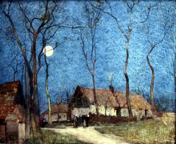 Figurer i en månebelyst landsby (akvarell på lin) av William Lee Hankey