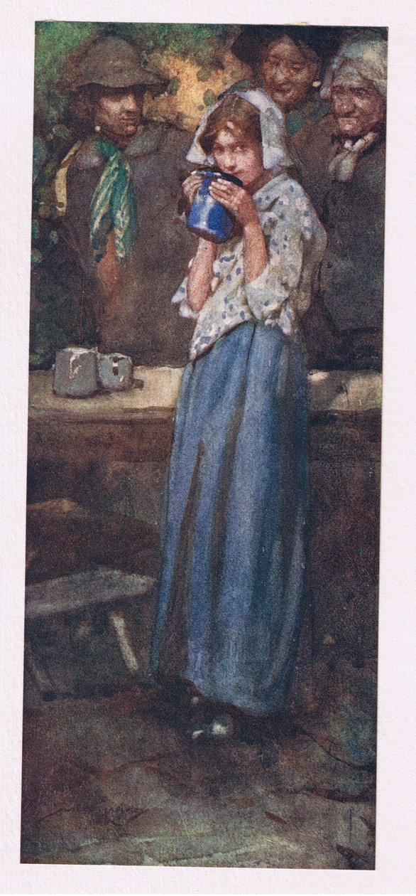 Heller ikke den beskjedne hushjelpen, halvt villig til å bli presset, skal kysse koppen for å gi den til hvile (farge litho) av William Lee Hankey