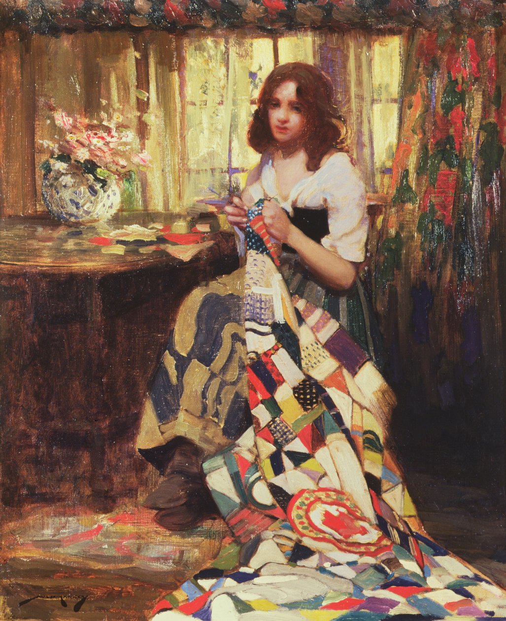 The Patchwork Quilt (olje på lerret) av William Lee Hankey
